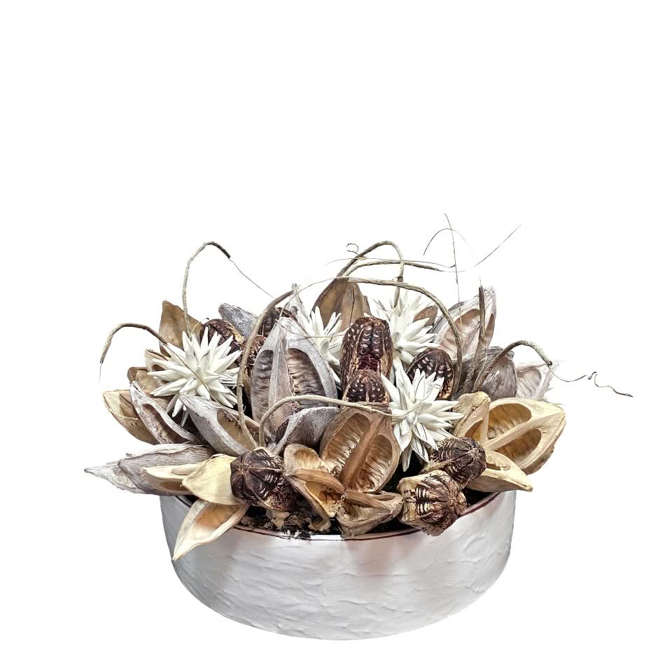 Sora Pods, Foam Flowers, Mahogany and Vine in Ceramic Bowl 10"H - LDF Silk