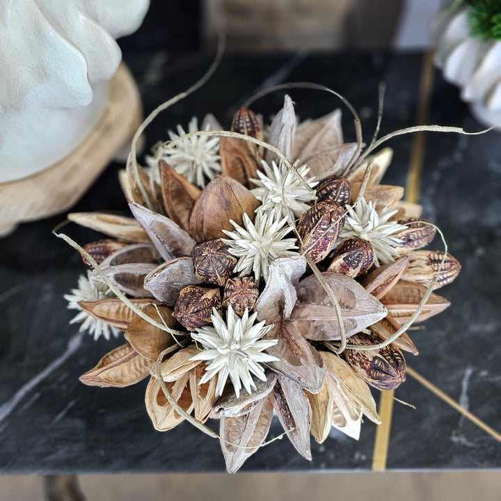 Sora Pods, Foam Flowers, Mahogany and Vine in Ceramic Bowl 10"H - LDF Silk