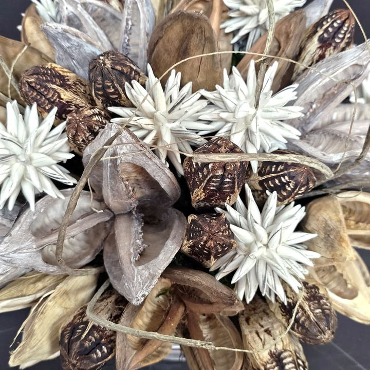 Sora Pods, Foam Flowers, Mahogany and Vine in Ceramic Bowl 10"H - LDF Silk