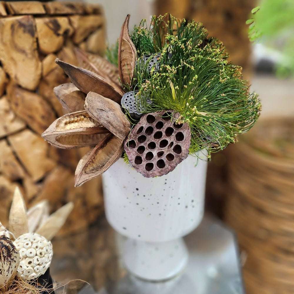 Sora Pods with Cypress Blooms and Lotus Pods in Spotted Vase. FH: 16"H - LDF SilkArtificial Flora