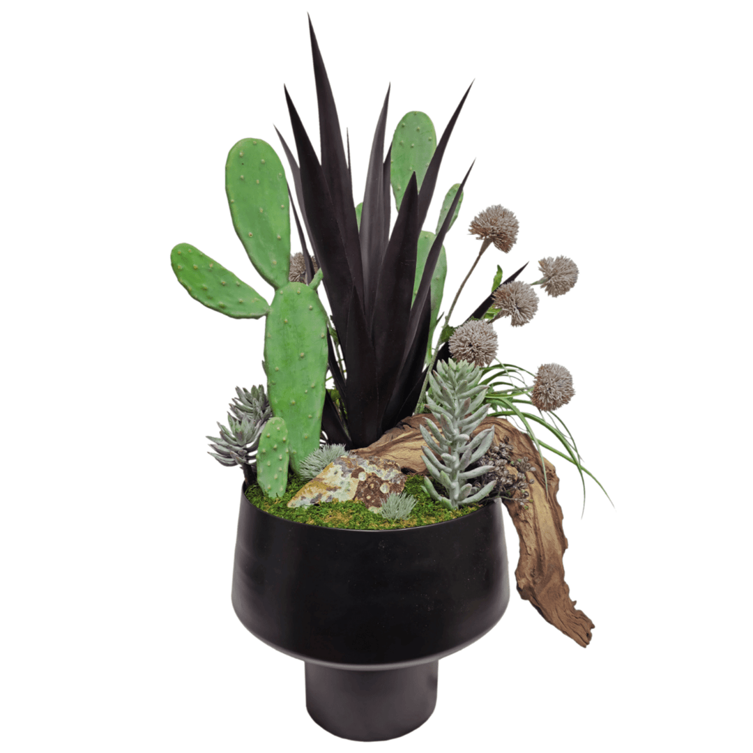 Speciman Wavelite Stone, Eggplant Agave, Pear Cactus with Mixed Succulents in Round Footed Metal Container. FH:30"H - LDF Silk