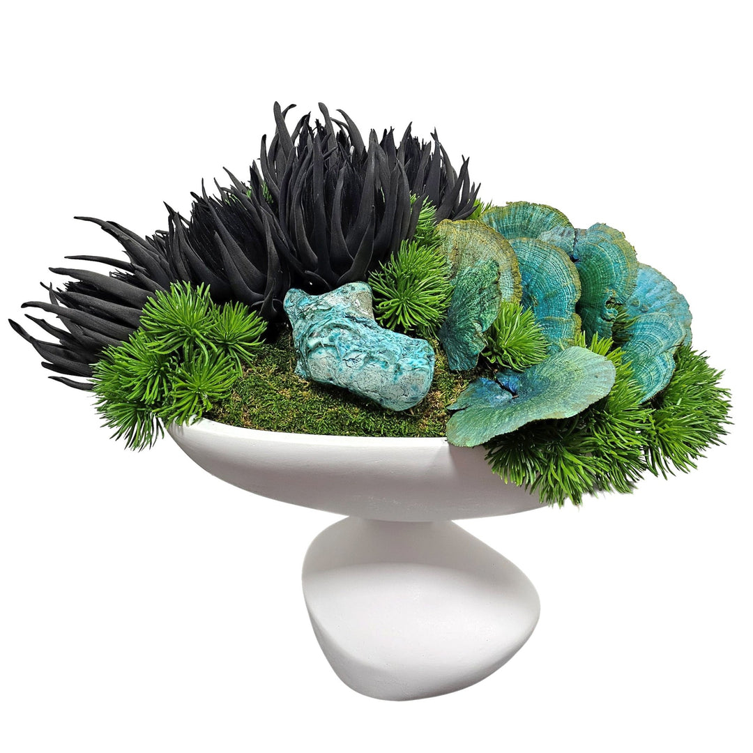 Specimen African Chrysocolla with Foam Flowers and Sponge Mushrooms in Organic Container. 18"H - LDF Silk
