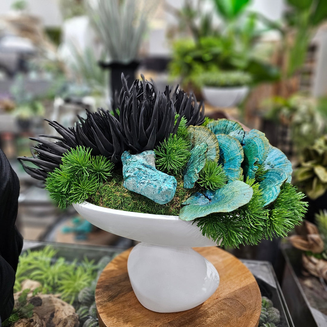 Specimen African Chrysocolla with Foam Flowers and Sponge Mushrooms in Organic Container. 18"H - LDF Silk