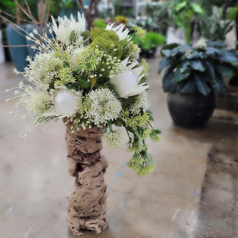 Specimen Natural Wood Vase with Protea, Agapanthus, Allium and Branches 60"H - LDF Silk