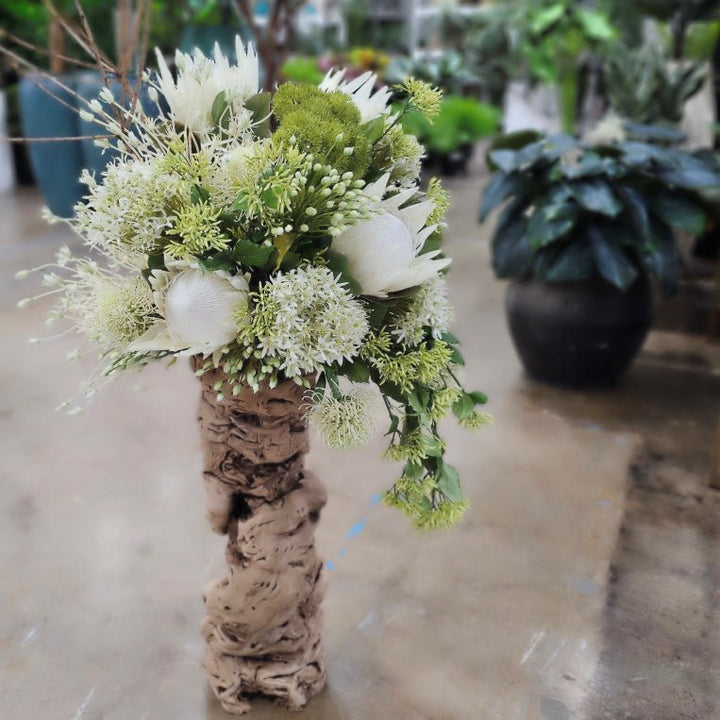 Specimen Natural Wood Vase with Protea, Agapanthus, Allium and Branches 60"H - LDF Silk