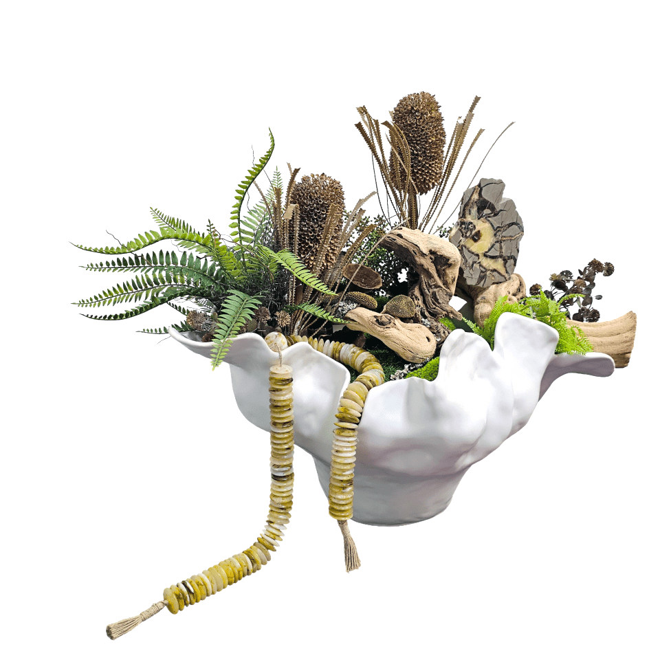 Specimen Stone, Beads, Exotic Grapewood, Protea, Ferns and Calice in Organic Large Bowl 37"H X 26"W X 22"D - LDF Silk