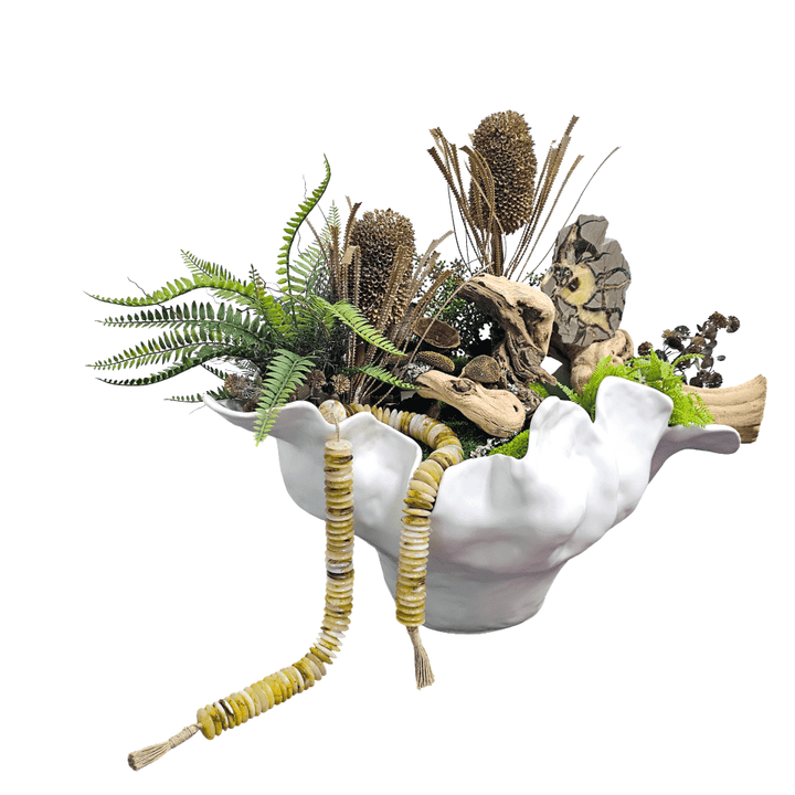 Specimen Stone, Beads, Exotic Grapewood, Protea, Ferns and Calice in Organic Large Bowl 37"H X 26"W X 22"D - LDF Silk
