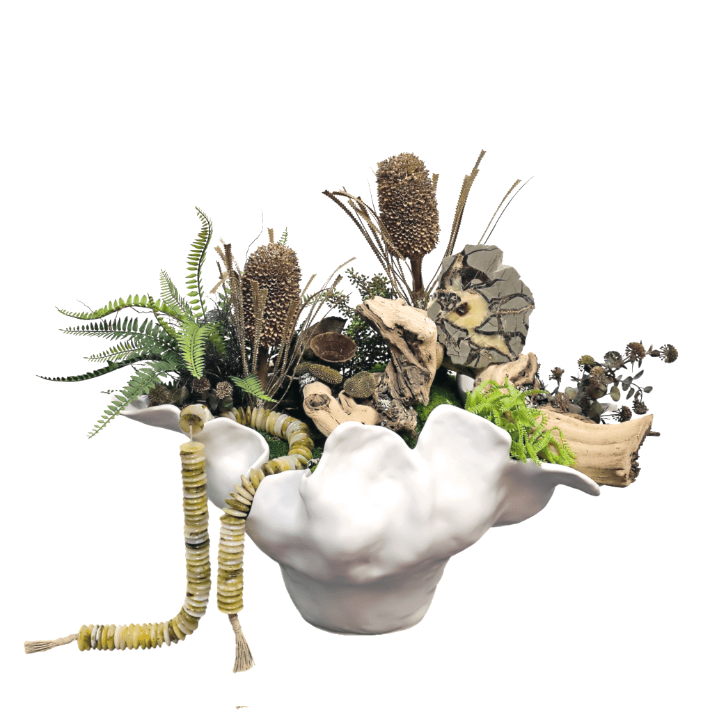 Specimen Stone, Beads, Exotic Grapewood, Protea, Ferns and Calice in Organic Large Bowl 37"H X 26"W X 22"D - LDF Silk