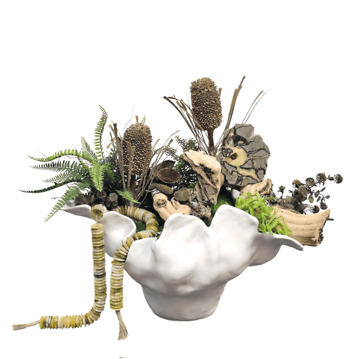 Specimen Stone, Beads, Exotic Grapewood, Protea, Ferns and Calice in Organic Large Bowl 37"H X 26"W X 22"D - LDF Silk