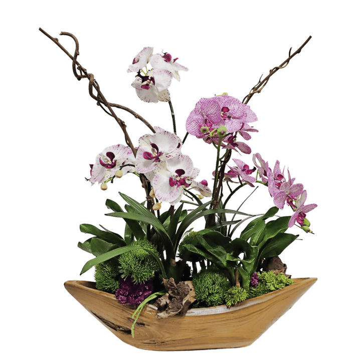 Speckled Phalaenopsis Orchids with Dianthus, Leaves and Wood Fragments in Teak Oval 27"H - LDF Silk