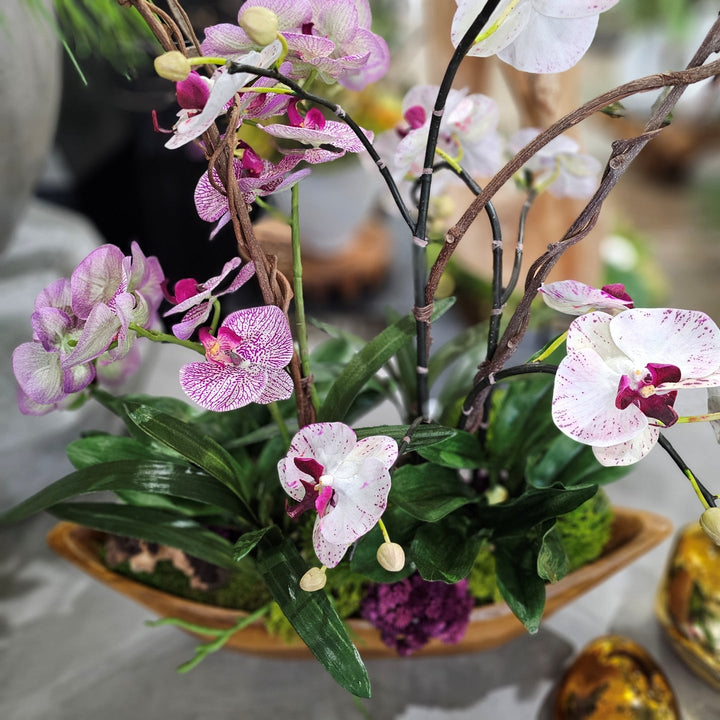 Speckled Phalaenopsis Orchids with Dianthus, Leaves and Wood Fragments in Teak Oval 27"H - LDF Silk