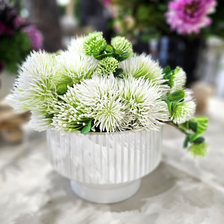 Spikey Florals and Buds with Thistle in Linear Fluted Planter. FH: 11"H - LDF SilkArtificial Flora