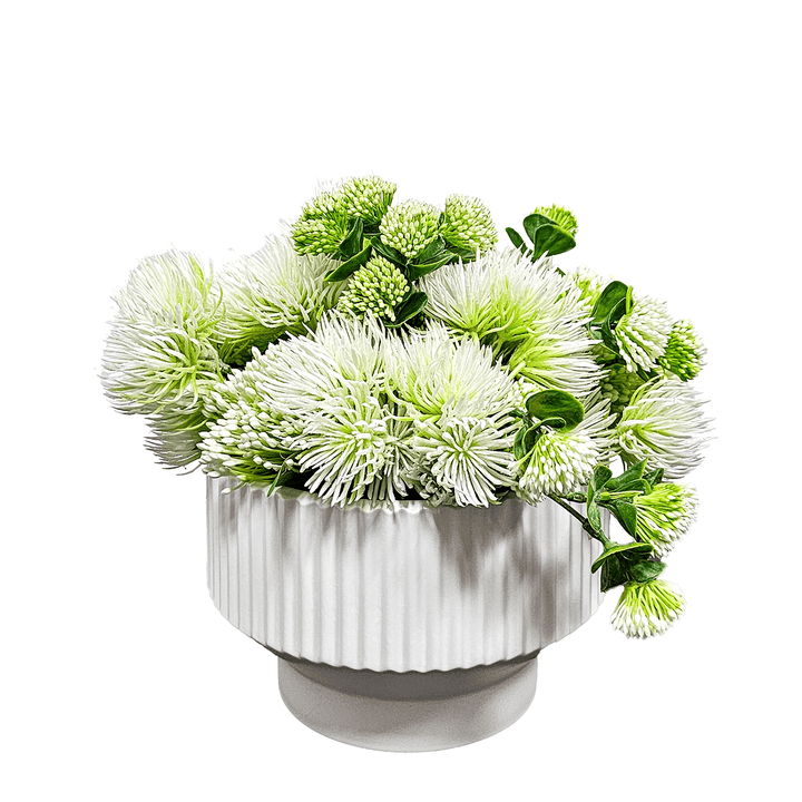 Spikey Florals and Buds with Thistle in Linear Fluted Planter. FH: 11"H - LDF SilkArtificial Flora