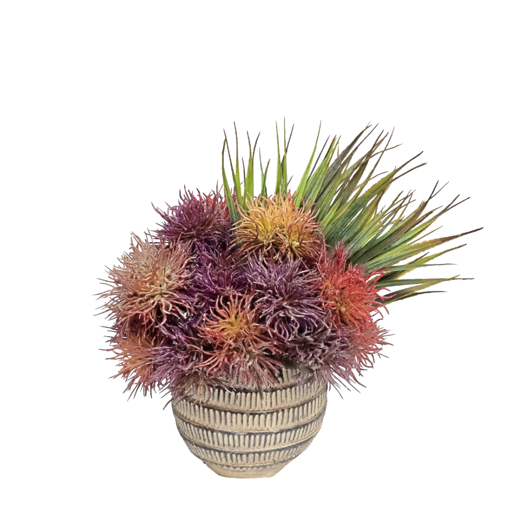 Spikey Flowers with Grass in Cream Ceramic 11"H - LDF Silk