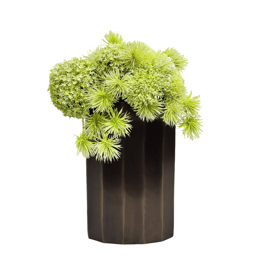 Spiny Pod, Yarrow and Snowball Spray in Metal Vase 16.5"H X 11"W X 10"D - LDF Silk