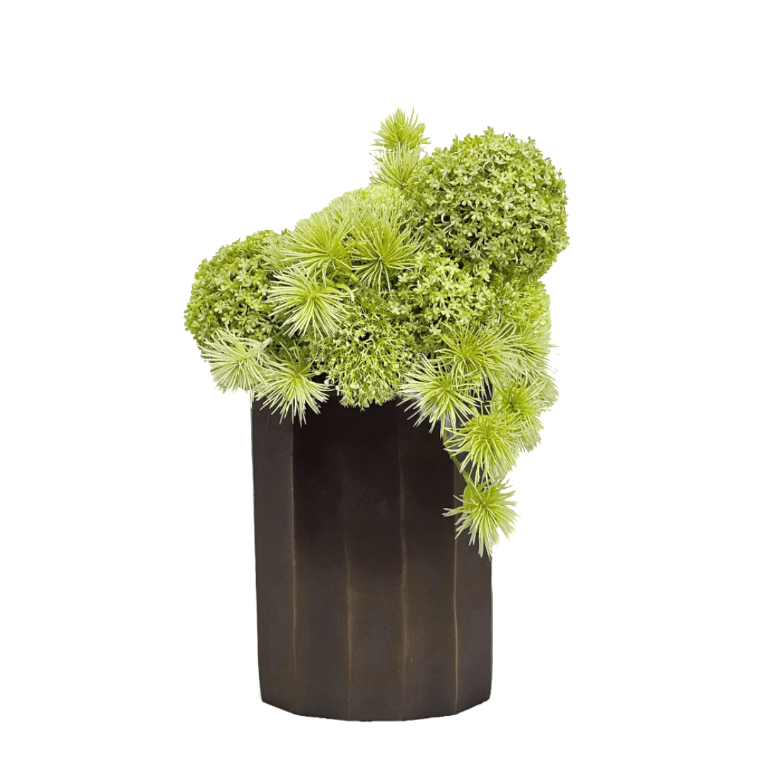 Spiny Pod, Yarrow, and Snowball Spray in Metal Vase 17"H x 11"W x 11"D - LDF Silk