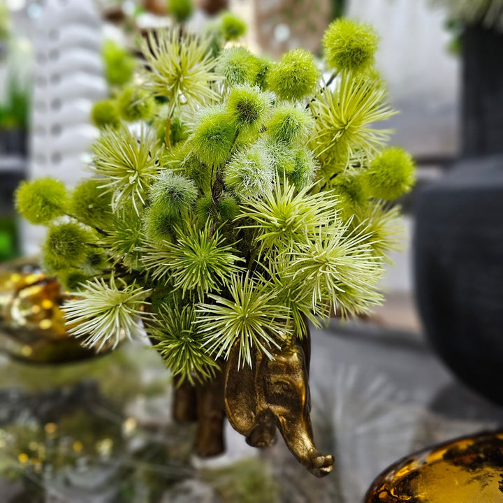 Spiny Pods and Moss Ball Spray in Metal Elephant Vase. 12"H - LDF Silk