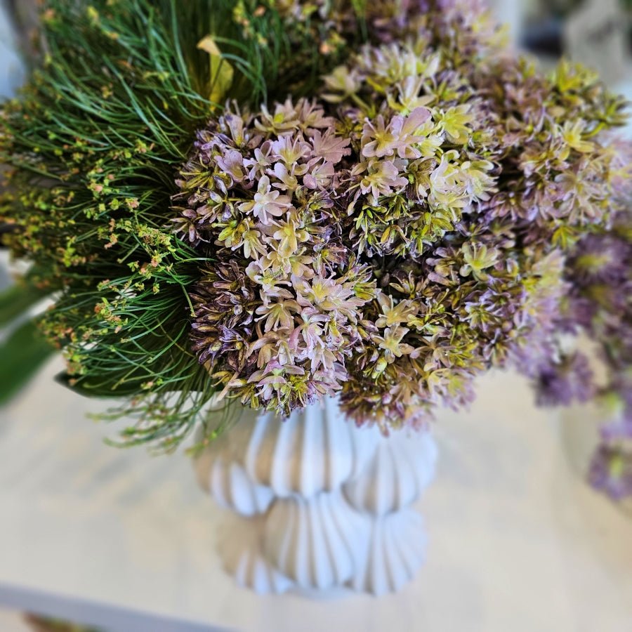 Split Philo Leaf, Allium, Pompon Blossom, and Cypress Bloom in Textured White Ceramic Vase. 20"H - LDF Silk