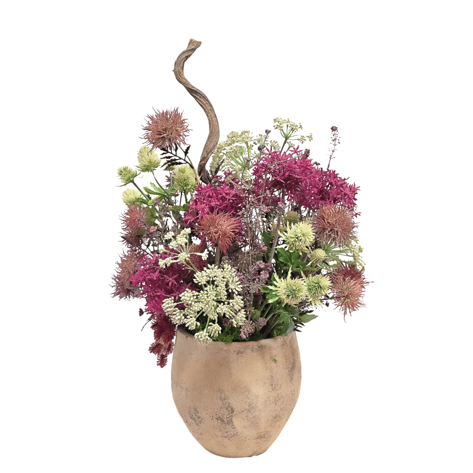 Star Pod and Twisted Vine with Allium, Angelica and Thistle in Aged Ceramic 27"H - LDF Silk
