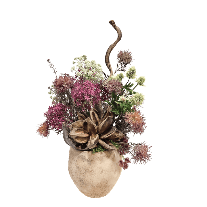 Star Pod and Twisted Vine with Allium, Angelica and Thistle in Aged Ceramic 27"H - LDF Silk