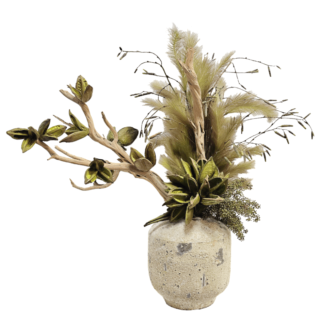 Star Pod, Feathers, Ghostwood with Sora Pods and Seeded Branches in Antiqued Concrete Jar 40"H - LDF Silk