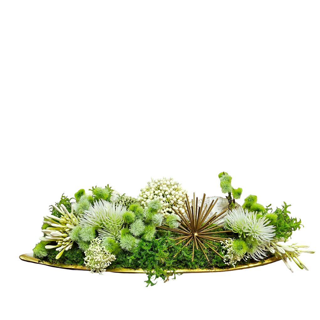 Starburst, Allium, Mushrooms and Ferns in Metal Tray 7"H - LDF Silk