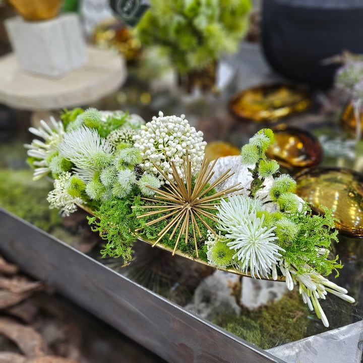 Starburst, Allium, Mushrooms and Ferns in Metal Tray 7"H - LDF Silk
