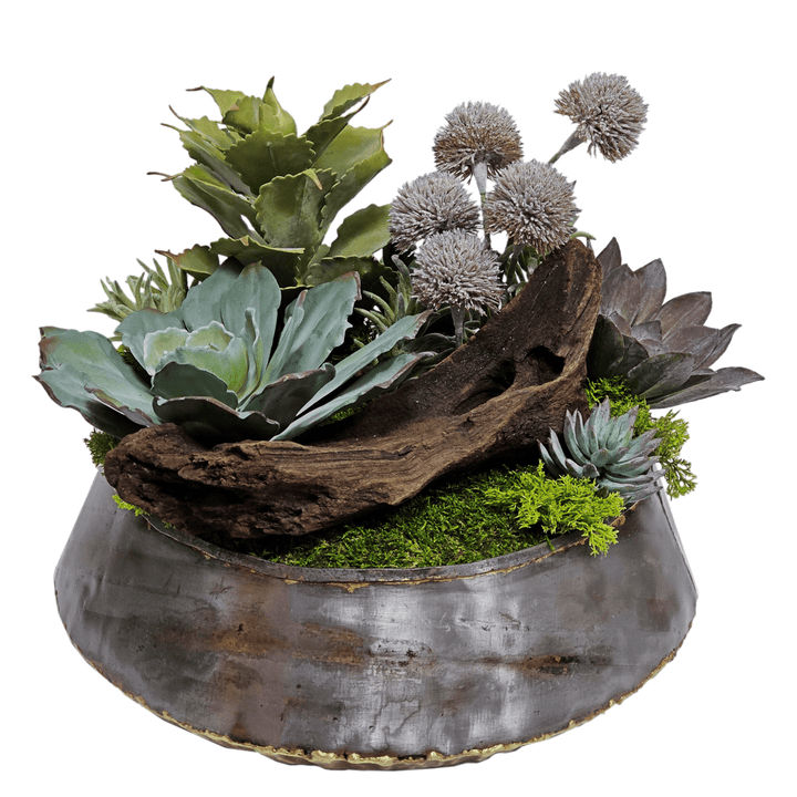Succulents, Allium and Wood Bowl FH: 13" - LDF SilkArtificial Flora