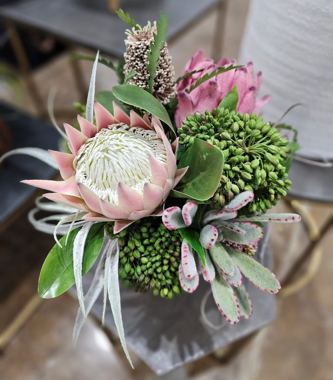Succulents and Protea in a Ceramic FH: 16" - LDF Silk