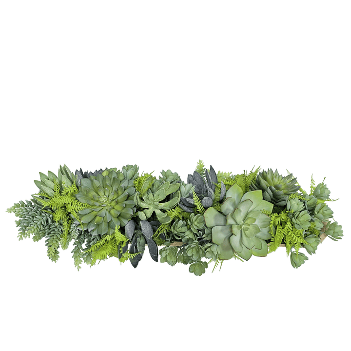 Succulents, Ferns and Sedum in Natural Wood Boat 7"H - LDF Silk
