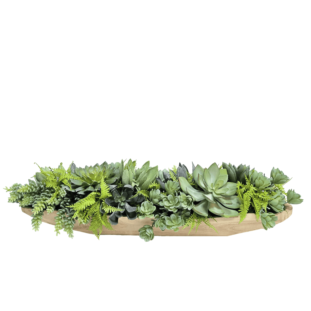 Succulents, Ferns and Sedum in Natural Wood Boat 7"H - LDF Silk