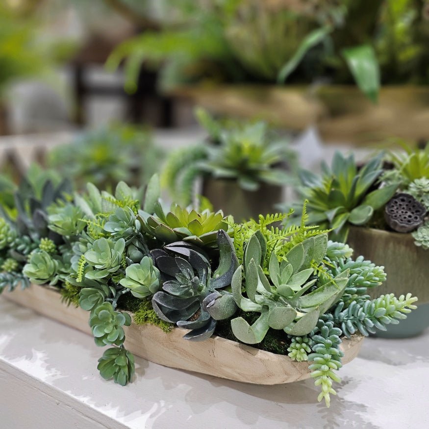 Succulents, Ferns and Sedum in Natural Wood Boat 7"H - LDF Silk