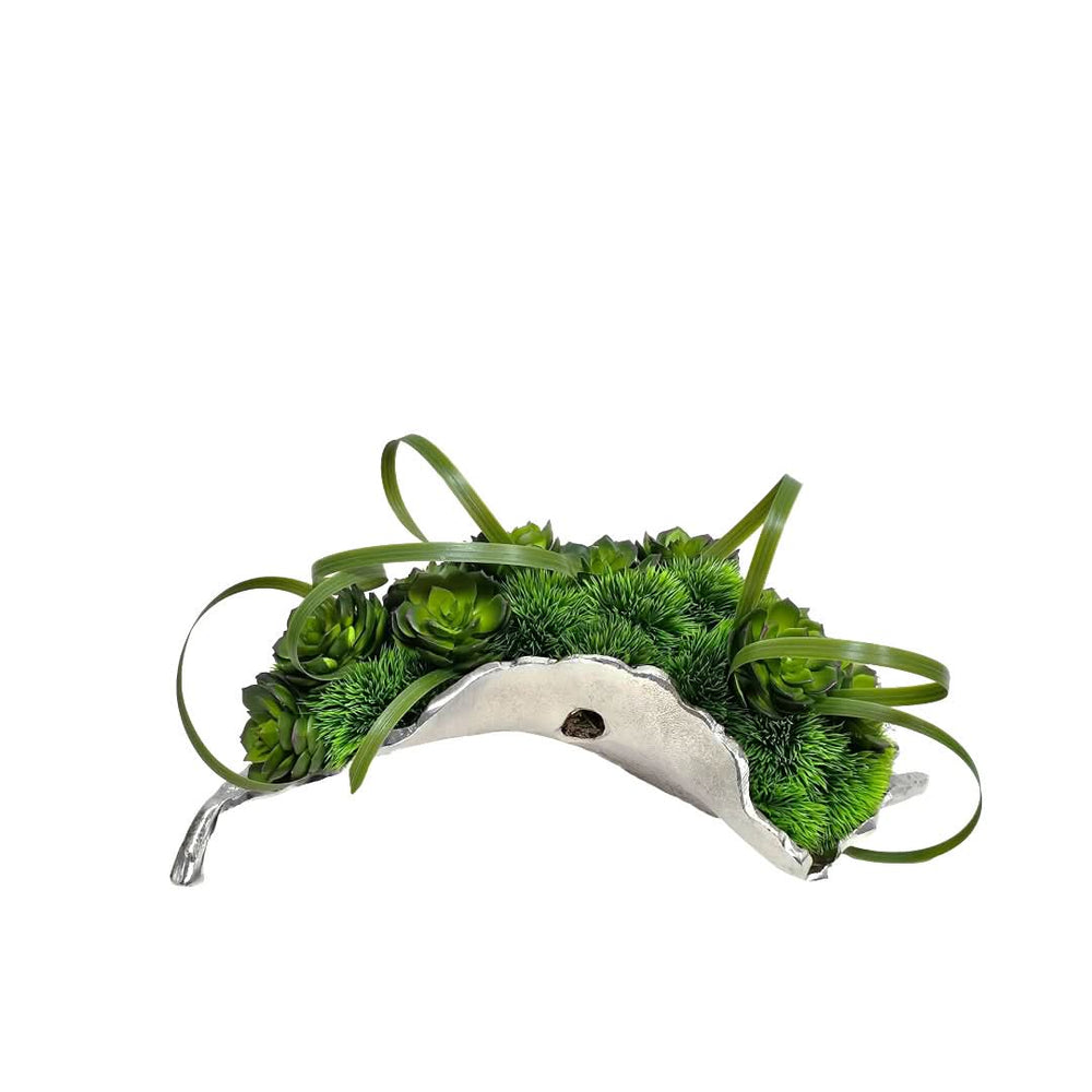 Succulents, Grass and Curly Leaves in Silver Metal Leaf 7.5"H - LDF Silk