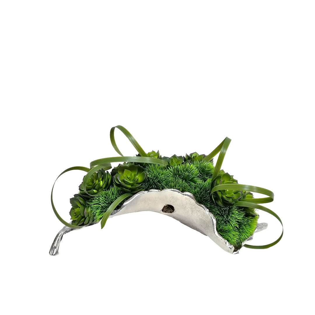 Succulents, Grass and Curly Leaves in Silver Metal Leaf 7.5"H - LDF Silk