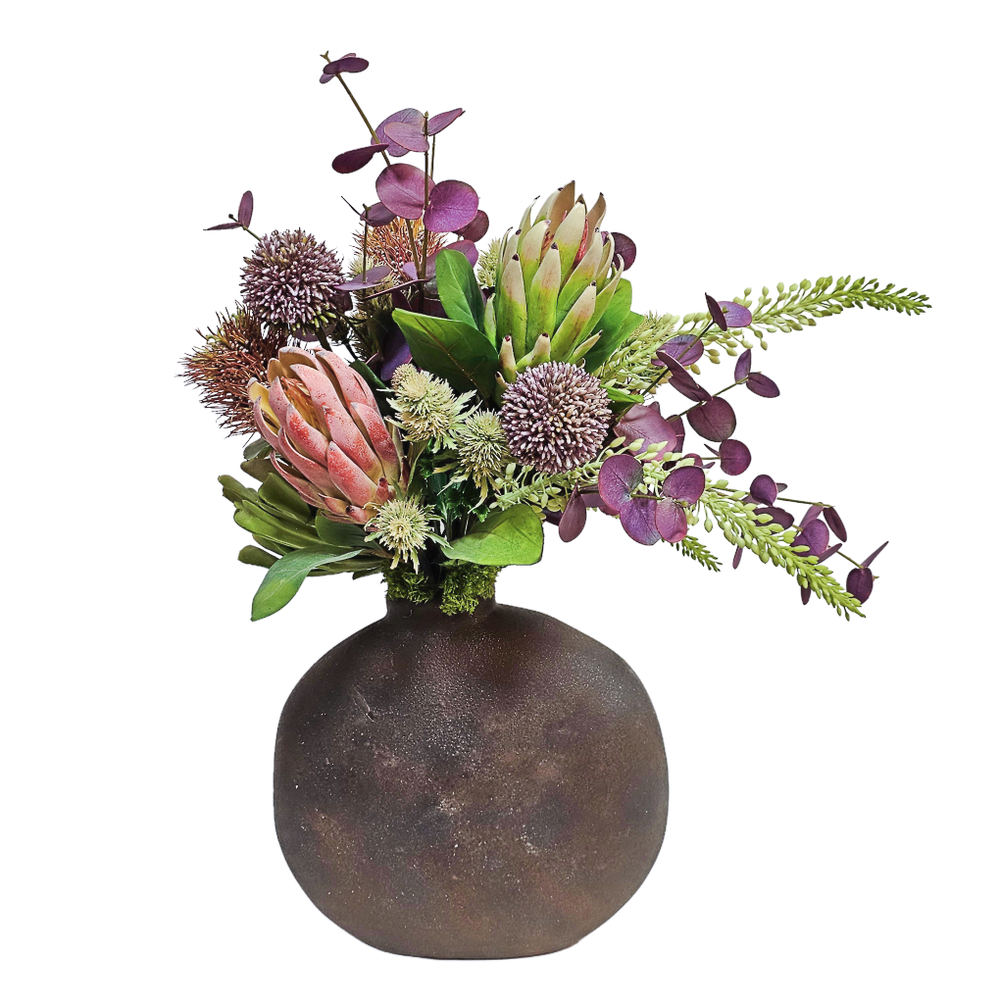 Succulents, Protea, Eucalyptus and Foxtail in Aged Terra Cotta Vase 28"H - LDF Silk