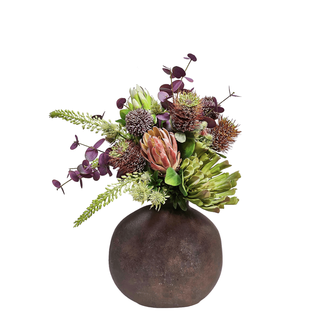 Succulents, Protea, Eucalyptus and Foxtail in Aged Terra Cotta Vase 28"H - LDF Silk