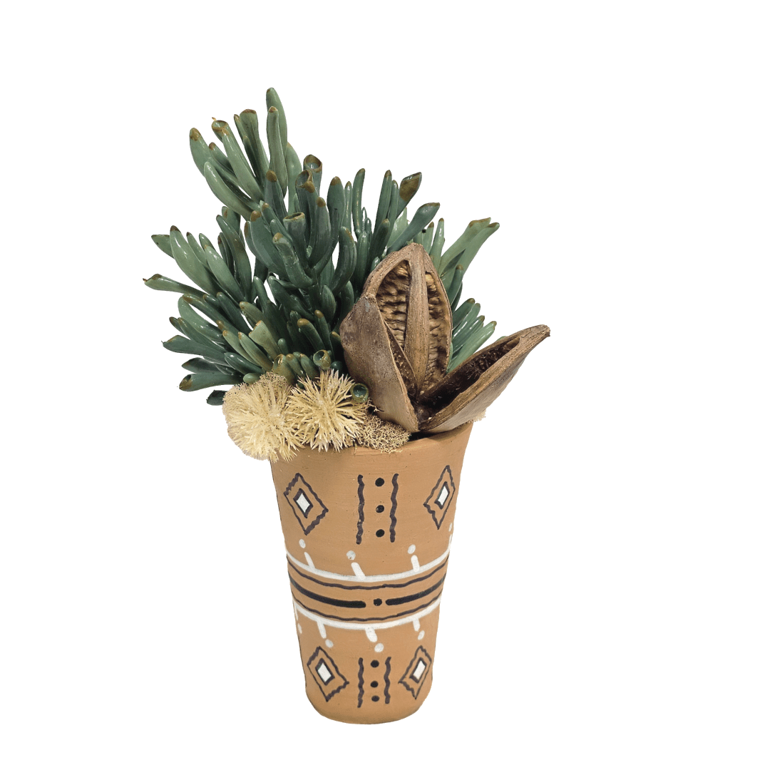 Succulents with Sora Pod and Globe Thistle in Terra Cotta Pot 13"H - LDF Silk