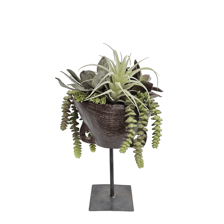 Succulents with Tillandsia and Burro's Tail in Antique Wood Cow Bell on Stand 13.5"H - LDF Silk