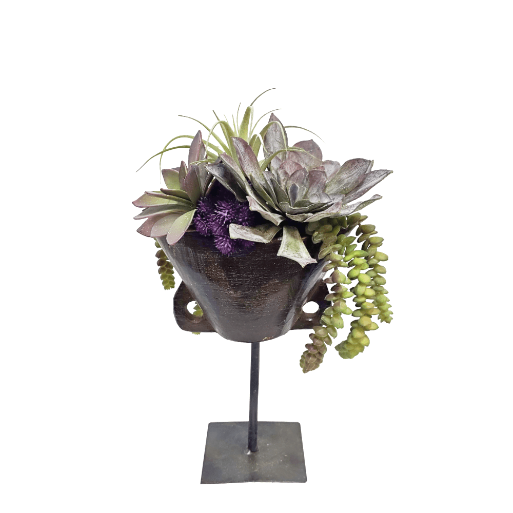 Succulents with Tillandsia and Burro's Tail in Antique Wood Cow Bell on Stand 13.5"H - LDF Silk