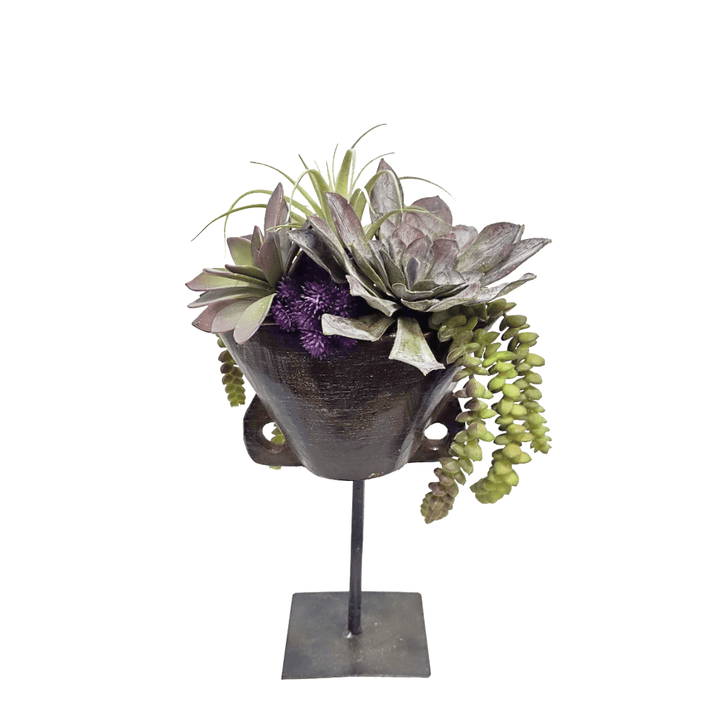 Succulents with Tillandsia and Burro's Tail in Antique Wood Cow Bell on Stand 13.5"H - LDF Silk