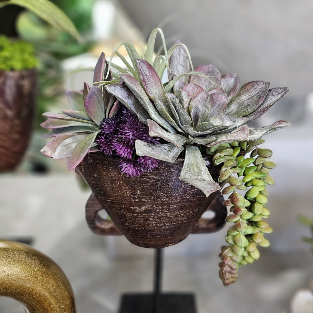 Succulents with Tillandsia and Burro's Tail in Antique Wood Cow Bell on Stand 13.5"H - LDF Silk