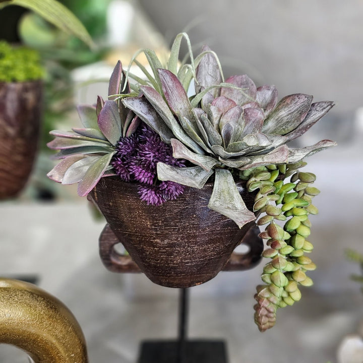 Succulents with Tillandsia and Burro's Tail in Antique Wood Cow Bell on Stand 13.5"H - LDF Silk