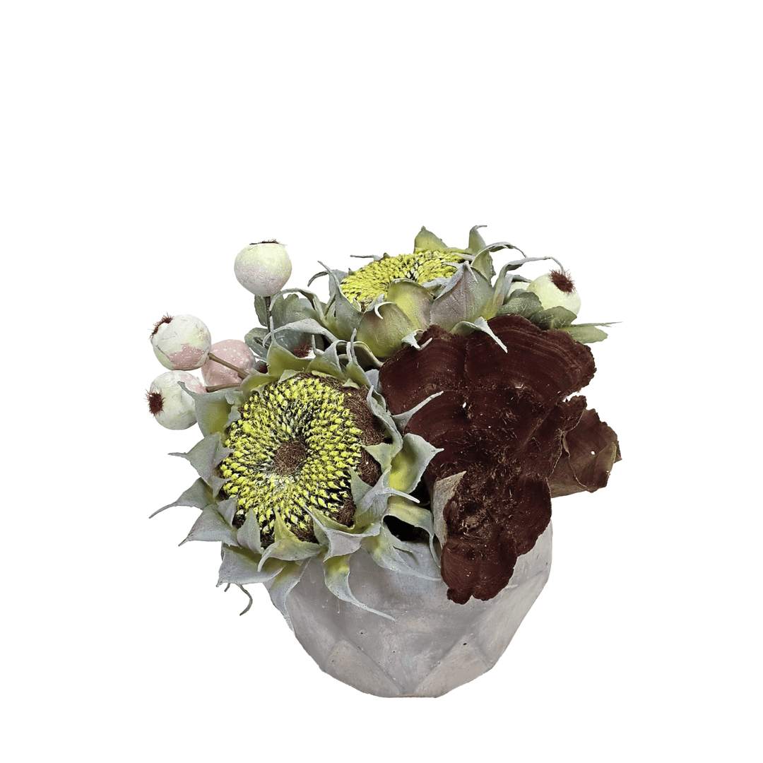 Sunflowers, Berries and Calice in Geometric Concrete 9"H - LDF Silk