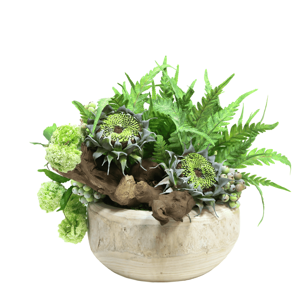Sunflowers, Ferns, Snowballs and Berried with Wood Fragment in Natural Wood Bowl 14"H - LDF Silk