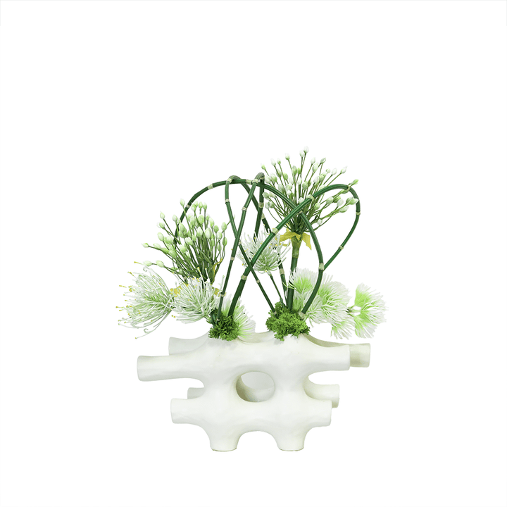 Thistle, Agapanthus, Protea, and Horsetail Reed in Ceramic Hashtag Vase. 19"H - LDF Silk