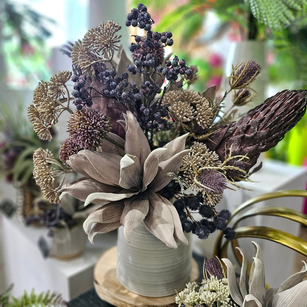 Thistle, Artichoke, Allium, Cow Parsnip, and Berries in Vase. 23"H - LDF Silk