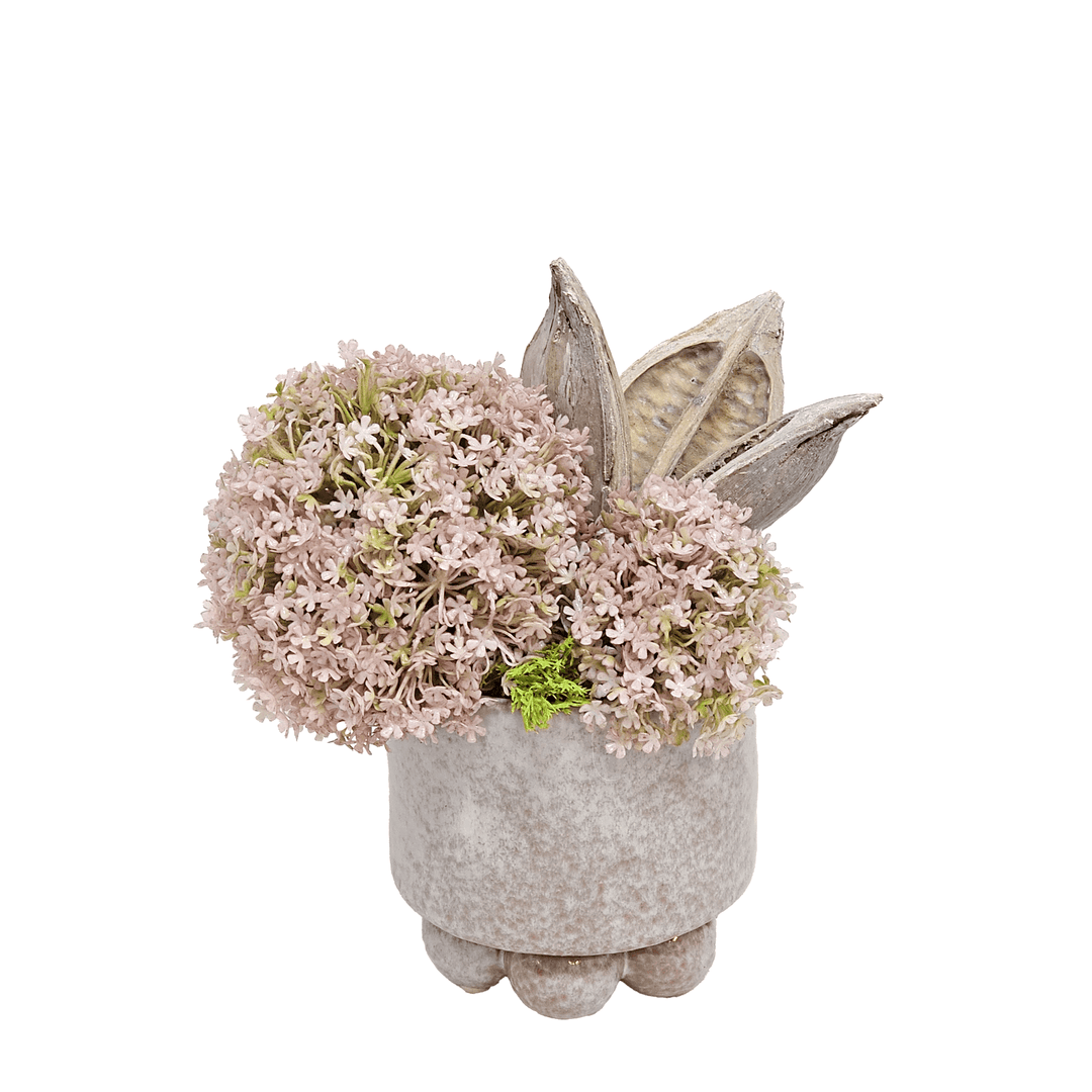 Thistle, Protea, and Snowball Spray with Sora Pod in Pink Pot 9"H - LDF Silk