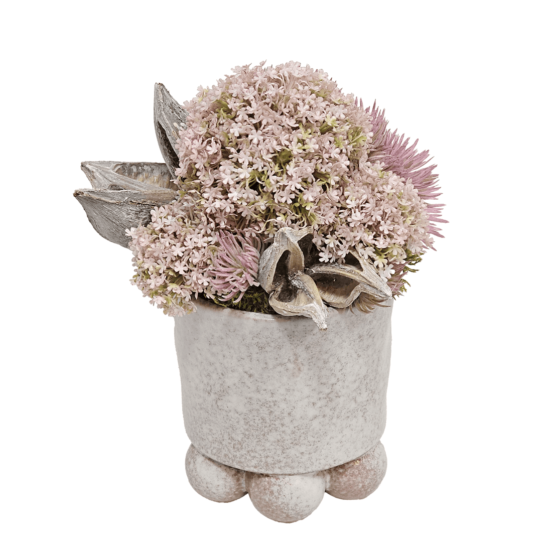 Thistle, Protea, and Snowball Spray with Sora Pods in Pink Pot 12"H - LDF Silk