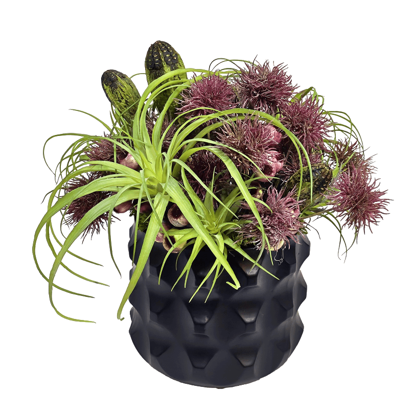 Tillandsia, Berries, Spikey Flowers, Mahogany Pods in Textured Ceramic 16"H - LDF Silk