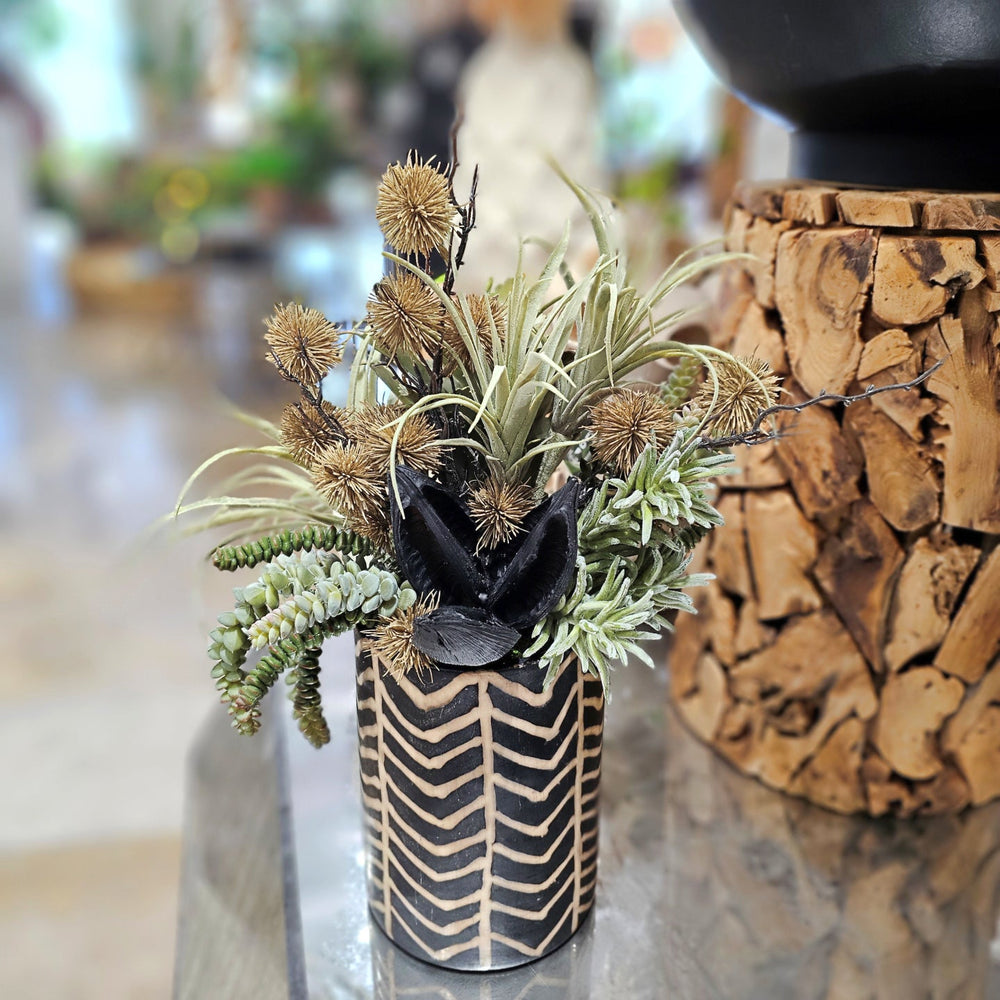 Tillandsia, Burro's Tail, Soro Pod and Thistle in Patterned Ceramic Cylinder 19"H - LDF Silk